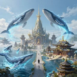 warlord evil ships vs massive flying whales with water aura to protect their himeji temple, battle of the century, intricate luxurious scifi shrines, star trek style, by peter mohrbacher, jeremy mann, francoise nielly, james jean, ross tran, beautiful, award winning scenery, clean details, serene