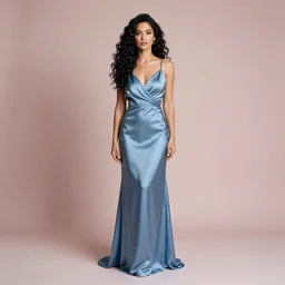 a portrait photography of a beautiful woman with black long curly hair and full body dress in blu silk by Lindsay Adler, soft professional studio lighting, pastel colors scheme, fine art photography, dramatic colors backgroung, 50 mm sigma art