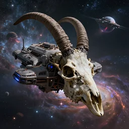 cinematic shot of a gothic sci-fi spaceship, demonic goat skull, epic nebula, planetary landing, Dan Seagrave art