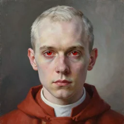 portrait painting of a pale young catholic priest with red eyes, sharp focus, award - winning, trending on artstation, masterpiece, highly detailed, intricate. art by rebecca guay