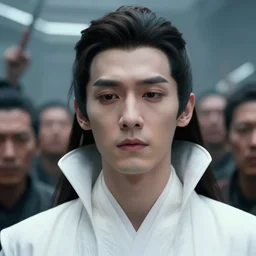 portrait of a regal prince with sharp cheekbones, white clothes, high collar, close up, wistful melancholic hopeful expression, super details, surrounded by furious people, modern digital art, matte painting, science fiction