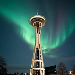 intense aurora above space needle film long exposure wide angle velvia