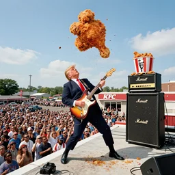 donald trump shredding on an electric guitar on the roof of a kfc!!!, marshall stack!!! with a bucket of chicken on top, a huge crowd gathers in the parking lot below, kanye west is in the crowd. art by frank frazetta and glenn fabry, sony a 7 iii, f 3. 5, heavy metal chicken ad
