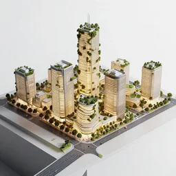 architecture model of a futuristic city, lot of vegetation, light inside building, crowded street, table sized, maquette, axonometric, hyperrealism, photography