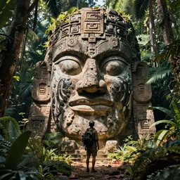 An explorer in the jungle finding a giant rock head from a lost civilization
