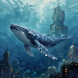cyberpunk leviathan whale wimming through an under - sea cyberpunk city, watercolor painting