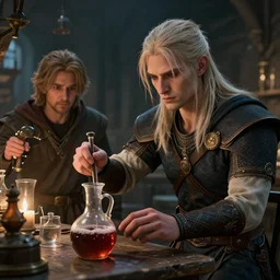 geralt of rivia teaching ciri how to make potions in an alchemy lab, stunning 3 d render inspired art by greg rutkowski and xiang duan and thomas eakes, perfect facial symmetry, flesh texture, realistic, highly detailed attributes and atmosphere, dim volumetric cinematic lighting, 8 k octane detailed render, post - processing, masterpiece, rtx on, rendering on unreal engine
