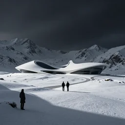 a snowy mountain scene by arthur haas and bruce pennington and john schoenherr, cinematic matte painting, minimal modern, zaha hadid building, dark moody color palate,