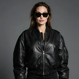detailed attractive characther portrait of angelina jolie wearing oversized leather puffy black bomber jacket and waring sunglasses, realistic, wide angle, dramatic light 8 k