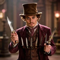 cinematic still of deranged johnny depp showing off his knife collection in willy wonka & the chocolate factory film directed by tim burton, movie still, long lens, shallow depth of field, bokeh, anamorphic lens flare