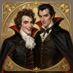 portrait of very happy vampire franz schubert and count dracula, vampire franz schubert d & d, fantasy, intricate, elegant, highly detailed, digital painting, artstation, concept art, smooth, sharp focus, illustration, art by artgerm and greg rutkowski and alphonse mucha