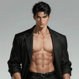 an artistic character model design of a very handsome young masculine man. wants you. is devilish