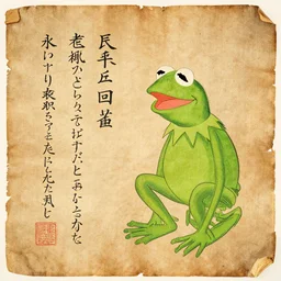 an ancient papyrus depicting the kermit the frog and information, ukiyo - e style