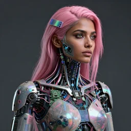 portrait of a indian woman with pink hair as a cyberpunk cyborg half robot, revealing wires and electronics, circuit boards, wire management, sci - fi, missing panels, intricate abstract upper body intricate artwork, concept art, octane render, deviantart, cinematic, key art, hyperrealism, iridescent accents, portrait photograph, nikon 3 5 mm, photograph by greg rutkowski