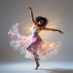 double exposure photograph of a black woman dancing and dreamy flowers in volumetric lighting, light leaks