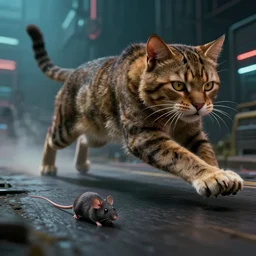 big cat chases down × live mouse 🐭! by mark ryden in cyberpunk environment, 4 k ultra high resolution, horror, long camera shot, foreground focus