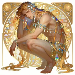 illustration of an androgynous man with long hair, iridescent, complimentary colors, refractive crystal jewelry, hyper detailed, character concept, crouching, glowing lights, intricate, elegant, highly detailed, digital painting, artstation, concept art, smooth, sharp focus, illustration, art by alphonse mucha and fenghua zhong.