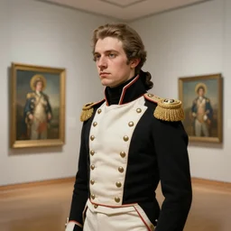 museum painting, wide - shot, photo of young yves saint - laurent in the age of 2 1, light brown hair!!! gathered in ponytail!!, dressed in 1 8 th century black and white war - uniform of russian empire, sharp focus, highly detailed, digital art, oil painting, masterpiece, artgerm, kiprensky, rutkowski, mucha, kinkade