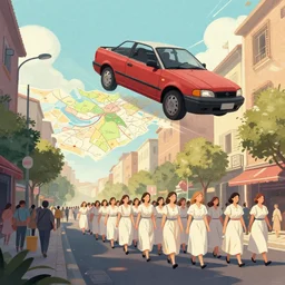 illustration of a 🛸 flying over 🗼, 👽 marching in the street, wide - shot, cinematic, film, by mandy jurgens, trending on artstation