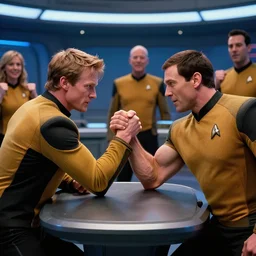 isaac from the orville and data from star trek arm wrestling on the holodeck with the cast of both shows cheering on from the sidelines, 8 k, sharp focus, cinematic lighting, highly detailed, perfect anatomy,
