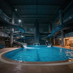 a giant indoor pool area with no windows, tiles on floor, walls, and ceiling, water slides twist round, photo realistic, dark lighting, with a dark tall figure in the middle of the pool, liminal.
