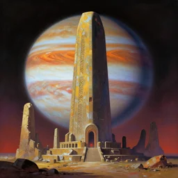 ruins of an alien monolithic monument to the true prophet on Jupiter, vivid colors, matte painting, 8K, concept art, mystical color scheme, trending on artstation