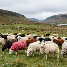 multicolored sheep in irish landscape