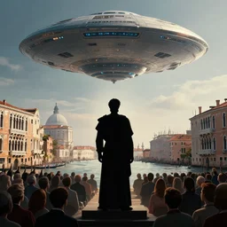 silhouette of a greek king overlooking a giant alien ufo high tech spaceship eerily hovering on italy venice city landscape with beautiful temples by greg rutkowski, artgerm, ross tran, magali villeneuve, intricate, time travel theme, audince in awe, spectacle, audience sorrounding, award winning, octane render, masterpiece, 8 k, beautiful