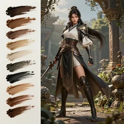 photoshop traditional brushes strokes test, costume design from luxury house designers, sophisticated composition, old masters light composition, procedurally generated, epic fighter girl character posing for concept art, ancient garden behind her, substance designer, PBR, HD, Ultra detailed, hyperrealistic, megascans, volumetric light, concept by master artist, made in paint tool SAI2, trending pixiv face