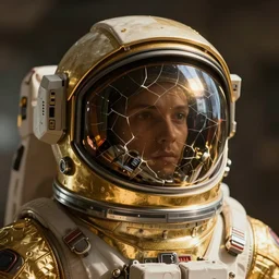 an up close photo of a gold science - fiction astronaut helmet with cracked glass, unreal engine, raytracing,