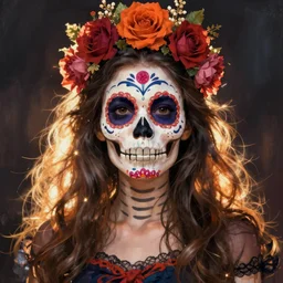 Illustration of a sugar skull day of the dead girl, art by randolph stanley hewton