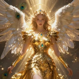 beautiful angel with peacock feather ,golden armor, shining light, gems, god rays by Karol Bak, Ayami Kojima, Amano