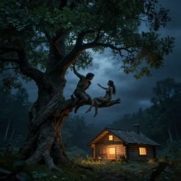 the creation of adam, a twisted tree's branches hold a man and a woman, dark green leaves, they reach toward each other, in front of a glowing log cabin at night, overcast skies, dark blues, dark forest background, dark, nightmare, dreamlike, octane render, highly detailed, intricate detail, photorealistic, 4 k, 8 k, trending on artstation