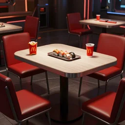 a photorealistic hyperrealistic render of a futuristic mcdonald table with branded sushi, interior scene by greg rutkowski, wlop, artgerm, dramatic lighting, strong shadows, volumetric, cinematic atmosphere, octane render, artstation, 8 k