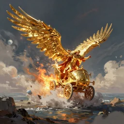 awe-inspiring marc simonetti landscape digital art painting of icarus crashing and burning his golden chariot, 4K, cinema4d