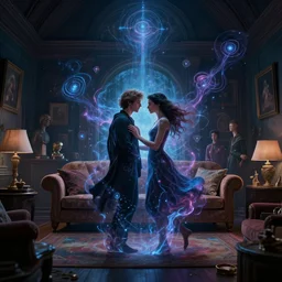 man and woman feeling love in the living room of a house, floating dark energy surrounds them. dark cyber mystic alchemical transmutation heavenless realm, cover artwork by francis bacon and jenny seville, frank stella, jeffrey smith, josan gonzales, norman rockwell, genieve friggis, kim dorland, artstation, highly detailed