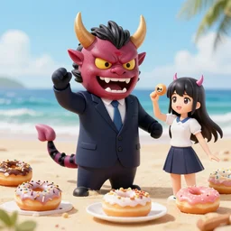 4 5 mm 1 9 8 7 cooking food photography of an corporate mascot at a beach summoning an anime demon donut girl, photography by tyler mitchell johfra bosschart