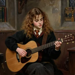 Hermione Granger/Emma Watson wearing a black sweater, playing a guitar, in the Gryffindor common room, oil painting by William-Adolphe Bouguereau