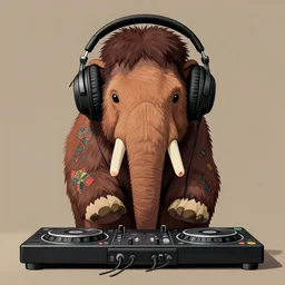 matte symmetrical portrait of a woolly mammoth dj with big headphones, dank dubstep. a patchwork tattoo by studio ghibli