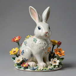 The sculpture is a beautiful and playful work that perfectly encapsulates the artist's unique style. The sculpture features a rabbit made out of ceramic, which is surrounded by brightly colored flowers. The work is both charming and sophisticated, and it is sure to bring a smile to any viewer's face. body art by Isaac Cordal, by Charles Vess, by Scarlett Hooft Graafland realistic