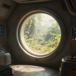 spaceship interior with a portal window, fantasy, natural light, concept art, by greg rutkowski, cozy atmospheric and cinematic lighting, trending on artstation