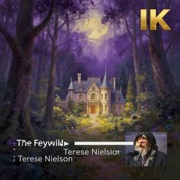 A professional digital landscape painting of The Feywild forests overlooking a mansion, painted by Terese Nielsen, 4k, digital art, highly detailed, upper body shot, shallow depth of field, purple and yellow lighting, professional lighting, airbrush,