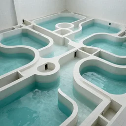 an expansive complex of interconnected rooms and corridors slightly submerged in undulating, lukewarm water. Each area of the level varies greatly in size and structure, ranging from uniform pools and hallways to more open, abnormally-shaped areas. The walls, ceilings, and floors of the level all appear to be constructed from the same white ceramic tile, with the only deviation from this color being the blue-green hue of the water.