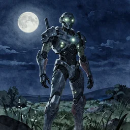warframe!! standing in a field at night, night time, moonlight, dark blue sky, finely illustrated, highly detailed, octane render, glowing bio lights, glowing eyes, good value control, good edge control, anime, animation, watercolor texture 8 k, segmented armor, segmented organic armor, moody lighting