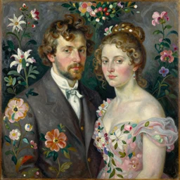 floral portrait of man and woman by wojciech siudmak and ernst fuchs, oil on canvas