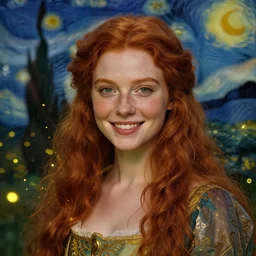 portrait of a happy young woman, among the lights of golden fireflies and nature, long loose red hair, intricate details, green eyes, hint of freckles, round gentle face, gorgeous dress, deep focus, smooth, sharp, golden ratio, hyper realistic digital art by artemisia lomi gentileschi and van gogh and artgerm