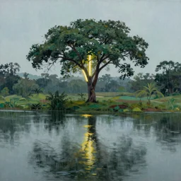 a beautiful landscape painting with serene still water and a central african tree with reflection, vertical neon lights glow, it is raining by jpierce