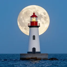 a large full moon over a lighthouse out at sea, digital art, highly detailed, realistic, bright colors, 8 k