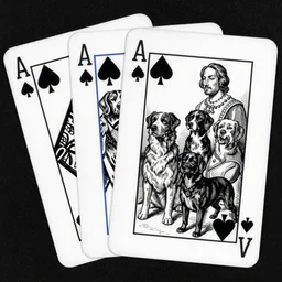 black and white etching of playing cards with a group of dogs, in the style of martin lewis