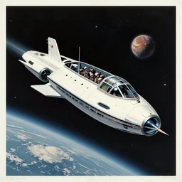 a spaceship flying through a solar system, poster, 1950s art deco, retrofuturism, edward hopper